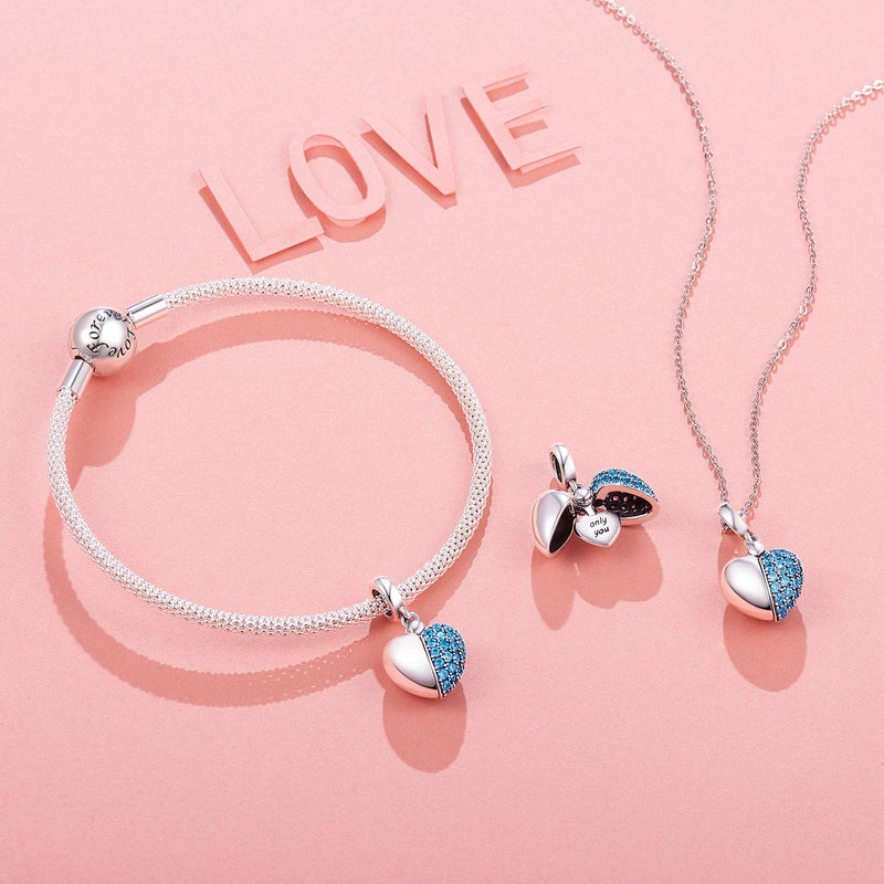 NINGAN â€œOnly Youâ€ Blue Love Heart Dange Charm 925 Sterling Silver Pendant Beads fit Bracelets & Necklaces, Birthday Gift for Women - Image 1